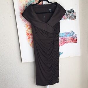 Tadashi Collection Brown Ruched Off-Shoulder Midi Dress
